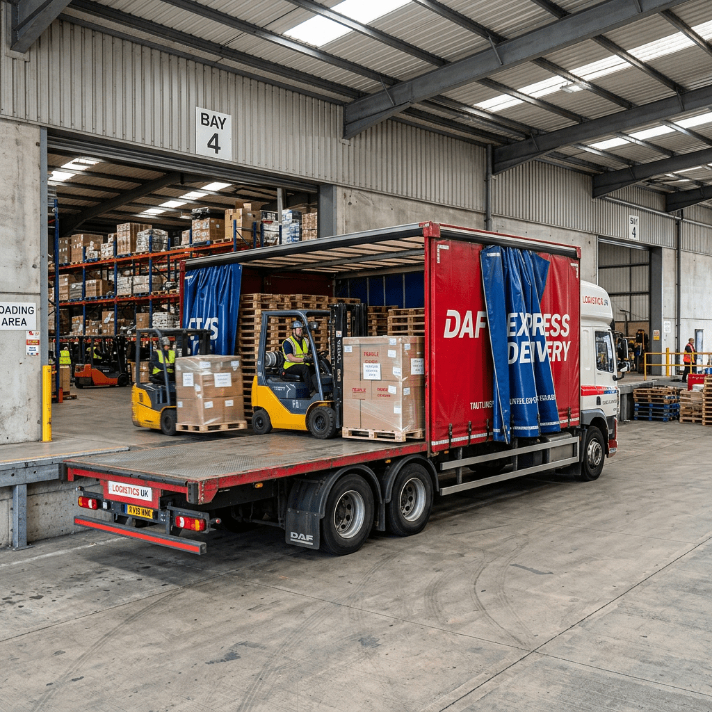 Forklifts loading pallets onto a red delivery truck at warehouse Bay 4 loading dock