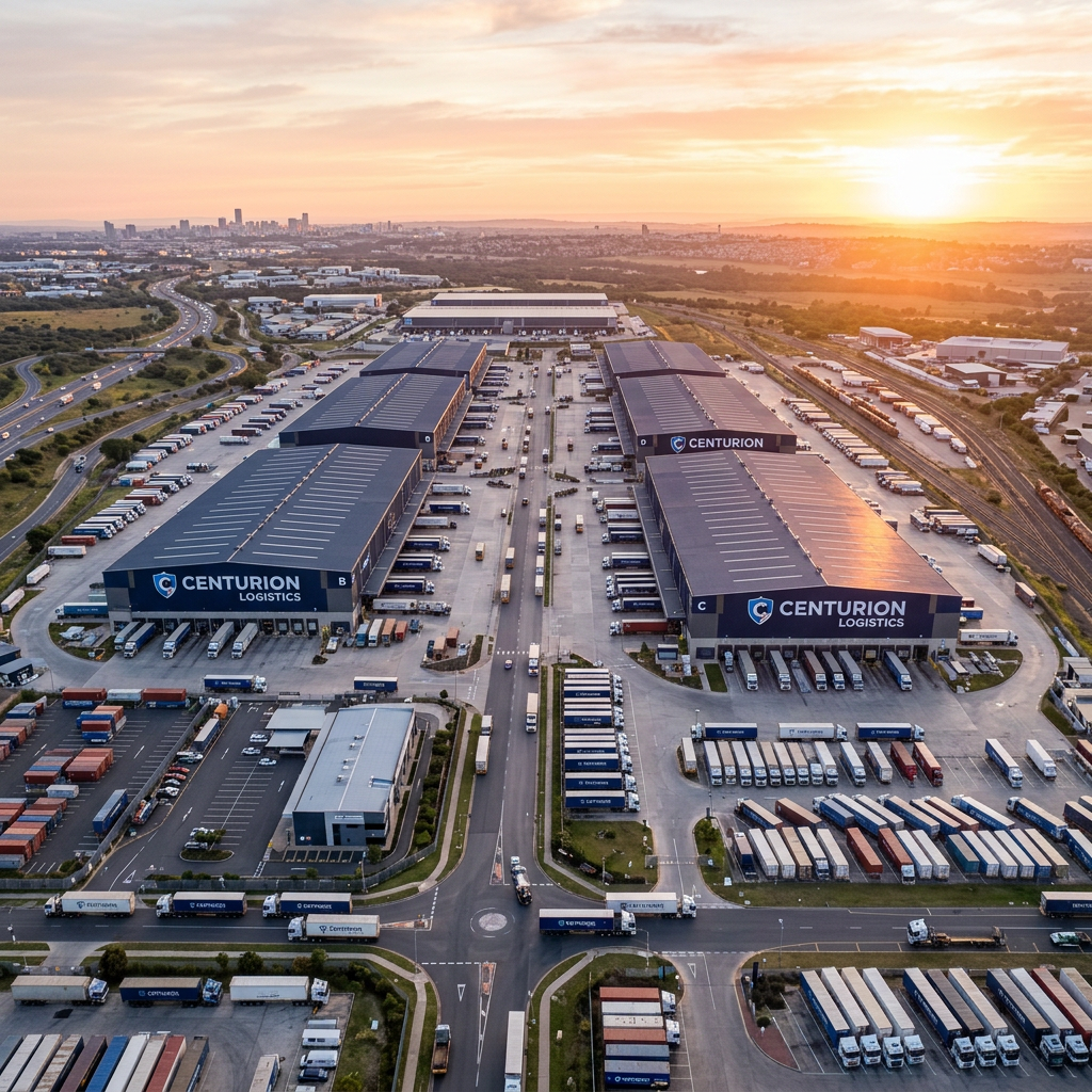 Large Centurion Logistics warehouses with many trucks parked around and on roads