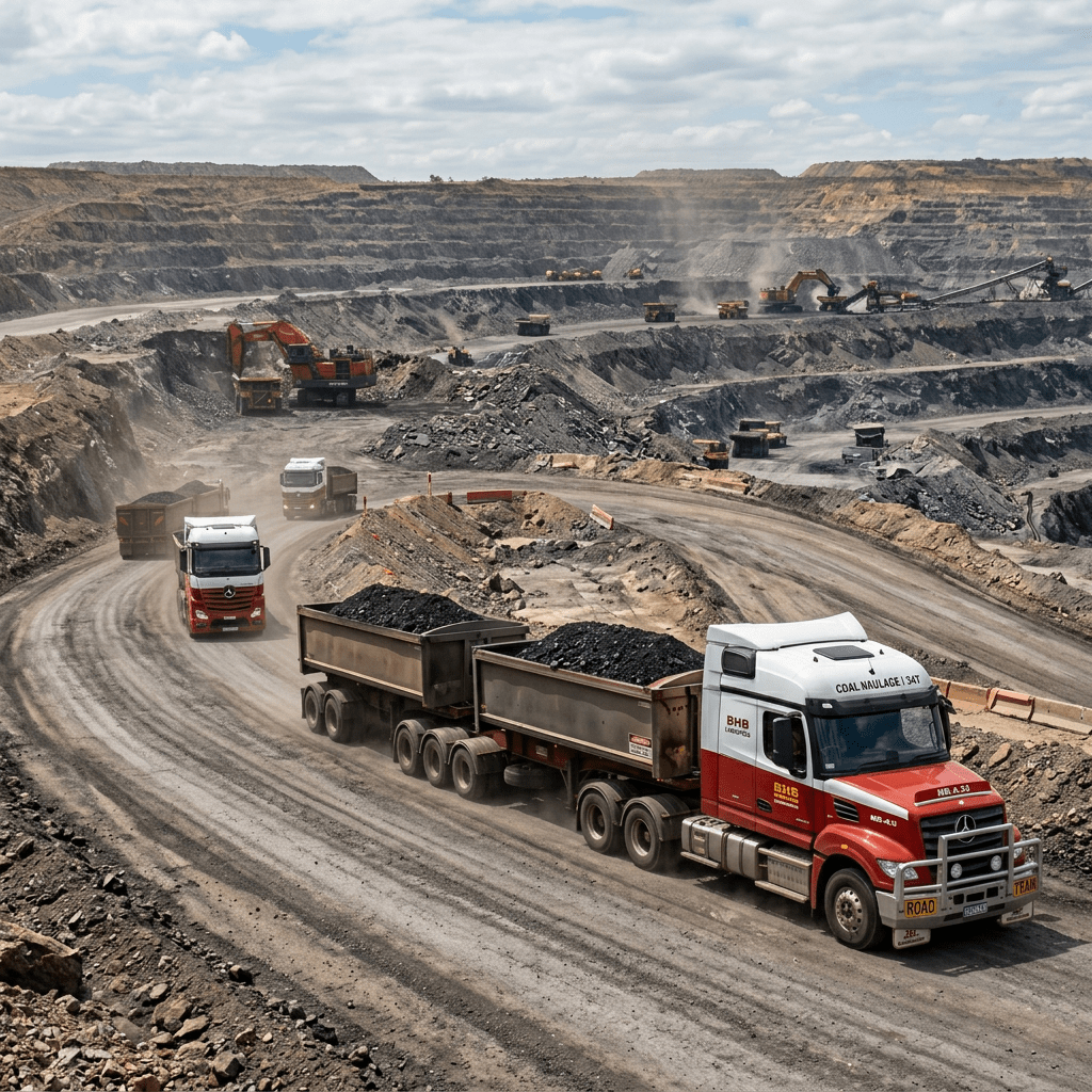 Heavy trucks carrying loads of extracted minerals on a dusty road in an open-pit mine