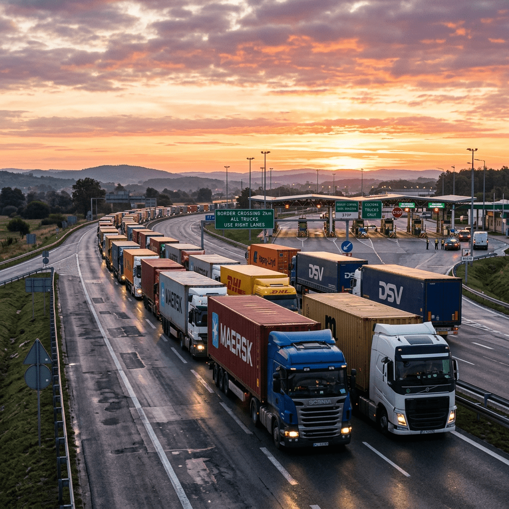 Freight trucks lined up at border checkpoint lanes early in the morning.
