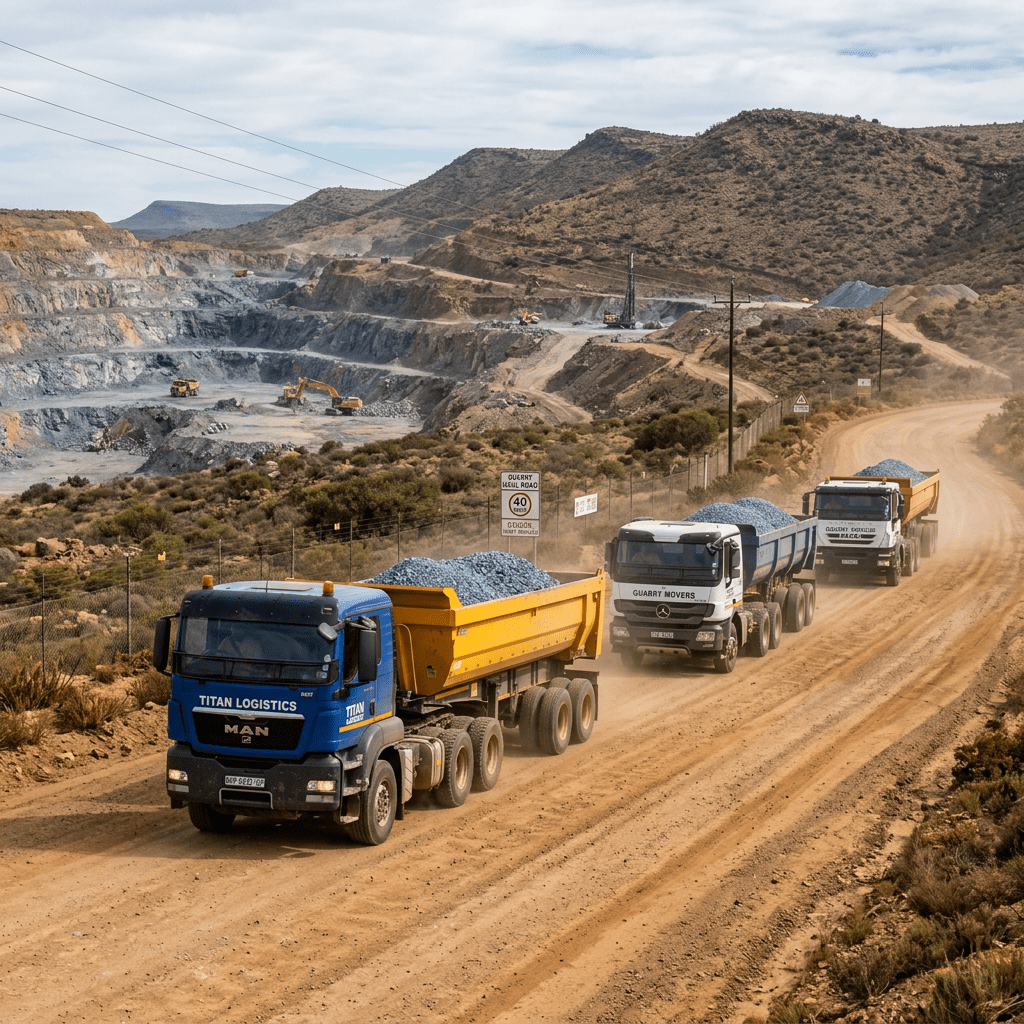 Three heavy trucks carrying rocks on a dirt road near an open-pit quarry.