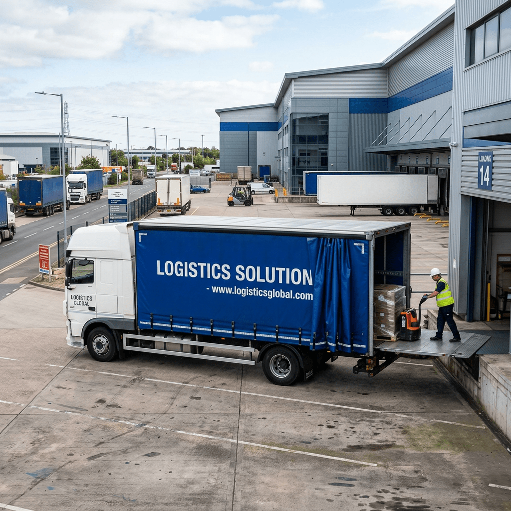 Worker using pallet jack to load boxes into logistics truck at warehouse
