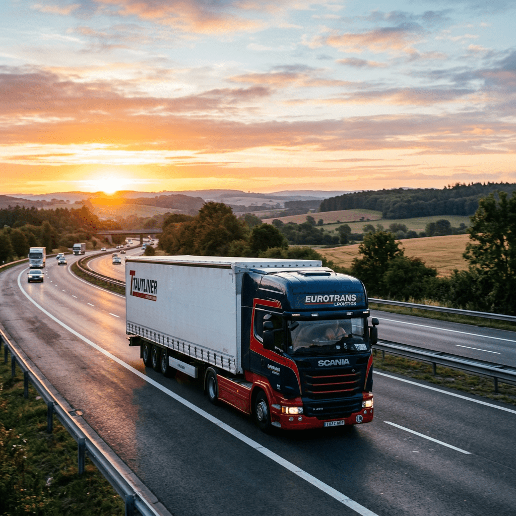 Eurotrans logistics semi-truck driving on highway with sunset and countryside
