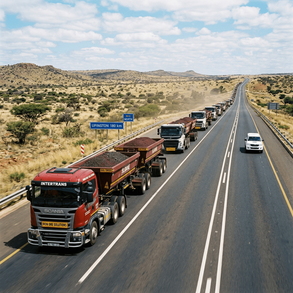 Convoy of multiple iron ore trucks driving on a highway in dry terrain