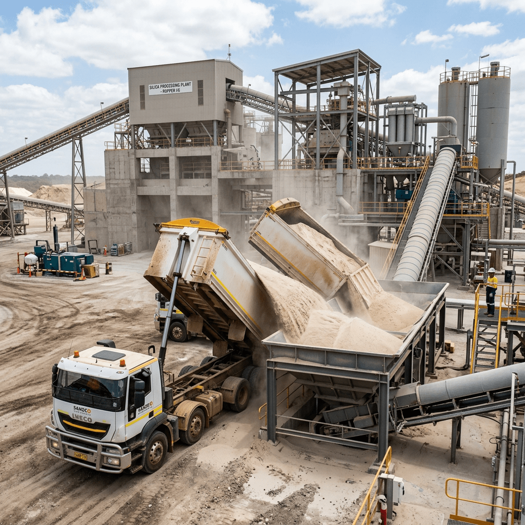 Two dump trucks unloading silica sand into a large hopper at a silica processing plant