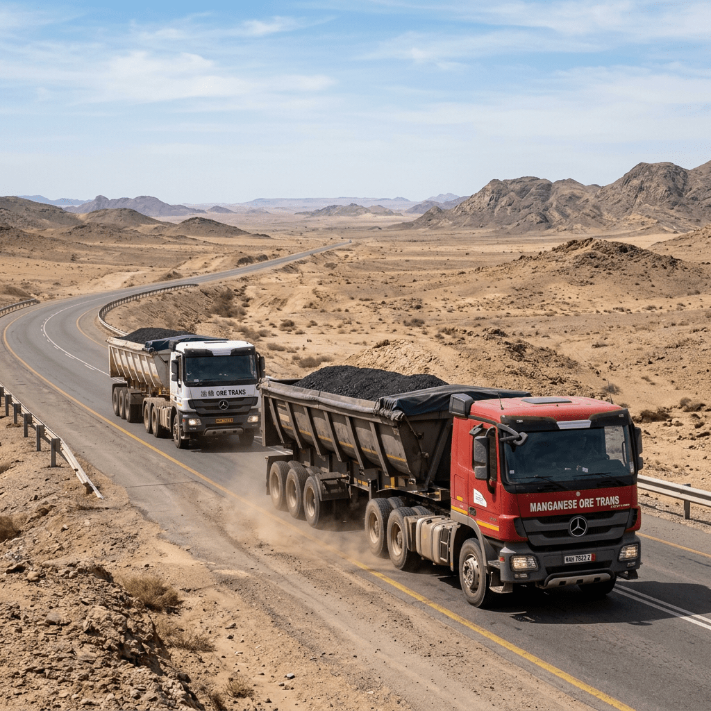 Two large trucks labeled Manganese Ore Trans transport ore on a desert road with mountainous terrain.