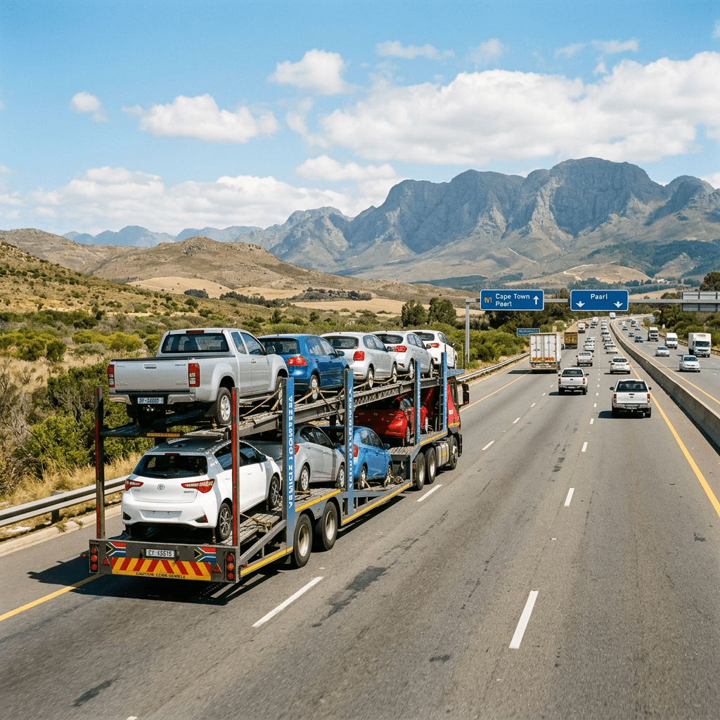 Truck transporting several cars on a highway with Cape Town and Paarl directional signs