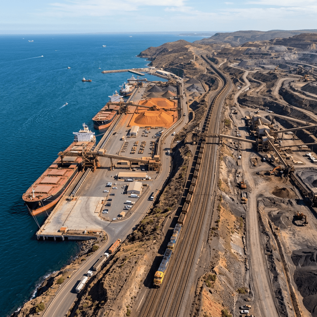 Cargo ships docked at an iron ore export port with large piles of ore, mining equipment, and a freight train