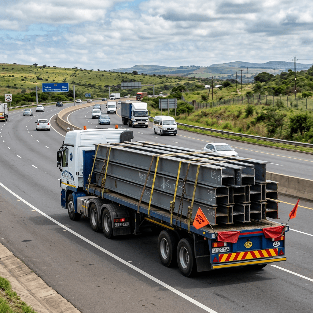 Truck transporting steel beams on a multi-lane highway with other vehicles and green countryside