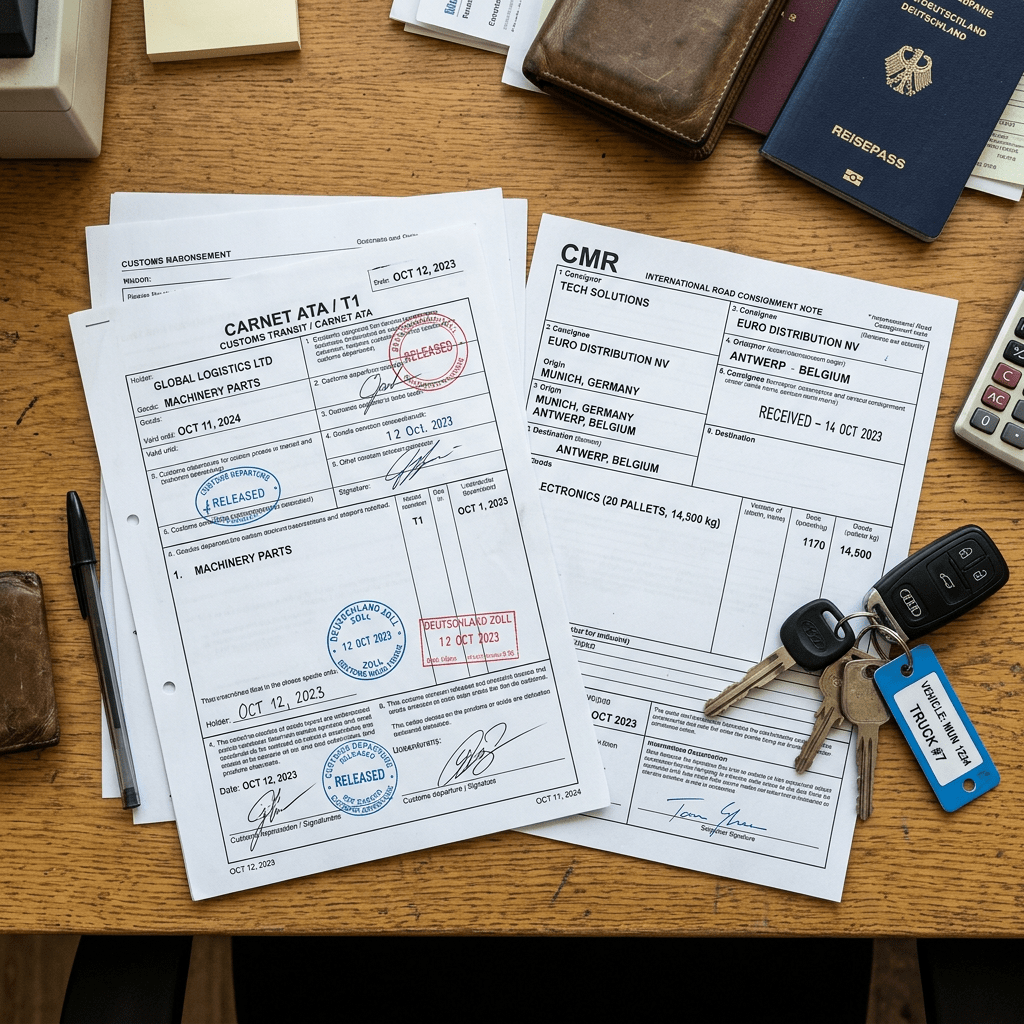 Customs transit and international road consignment documents with stamps and signatures alongside vehicle keys and passports on wooden desk