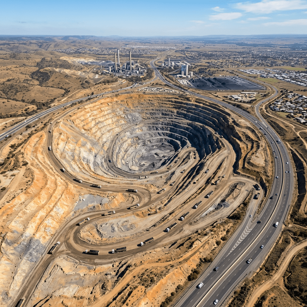 A wide open-pit mine with multiple trucks on spiral roads, adjacent to factories and highways