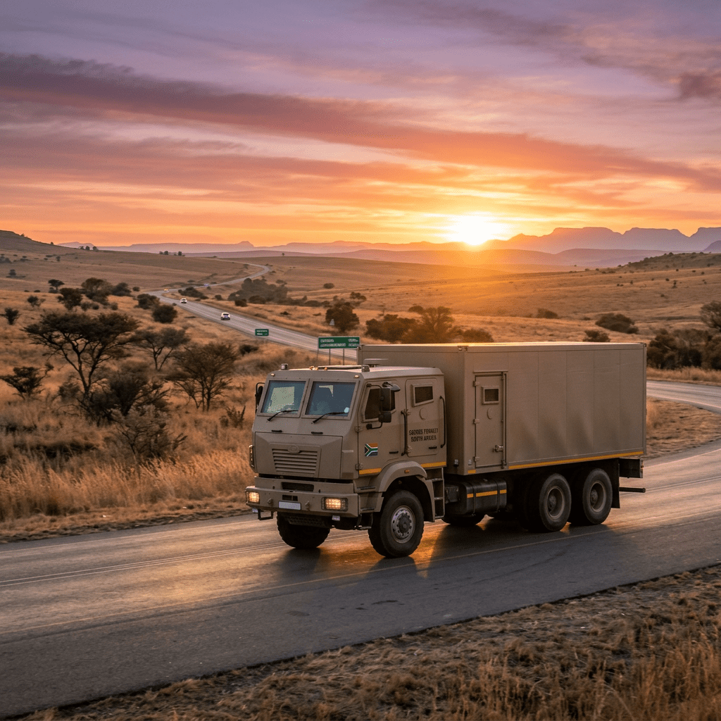 Military truck with South African flag driving on road at sunset.