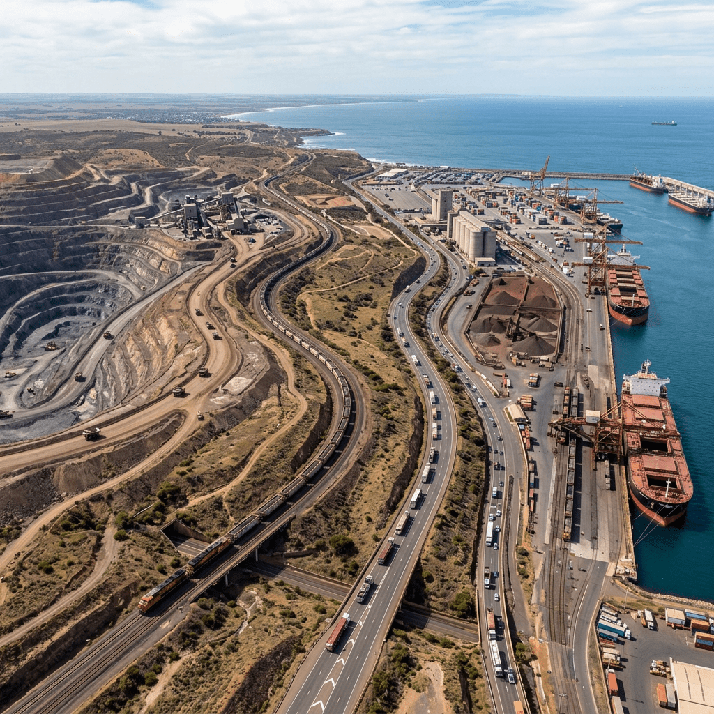 Open-pit mine, railway with freight trains, highways with trucks, and container port by the sea