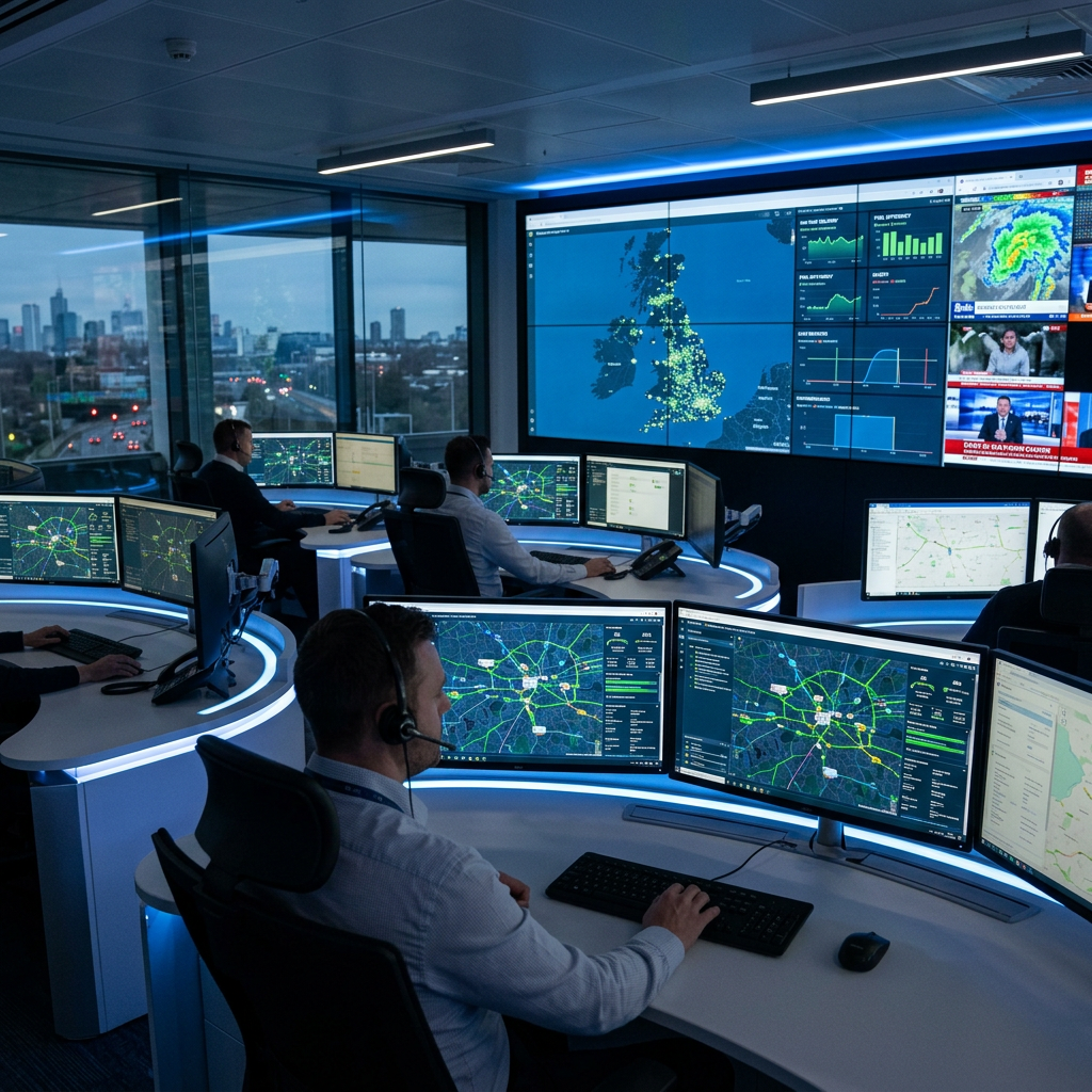 Multiple operators with headsets working at curved desks with multiple monitors displaying maps and data