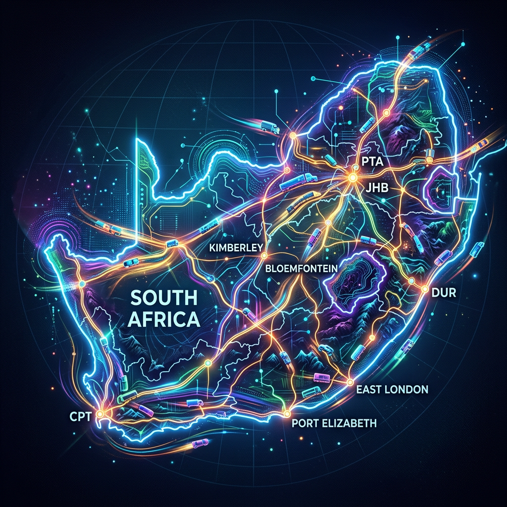 Map of South Africa showing major cities linked by illuminated freight transport routes