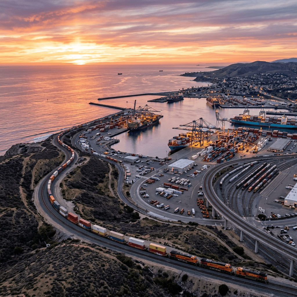 A busy coastal shipping port with container ships, cranes, and cargo trains at sunset