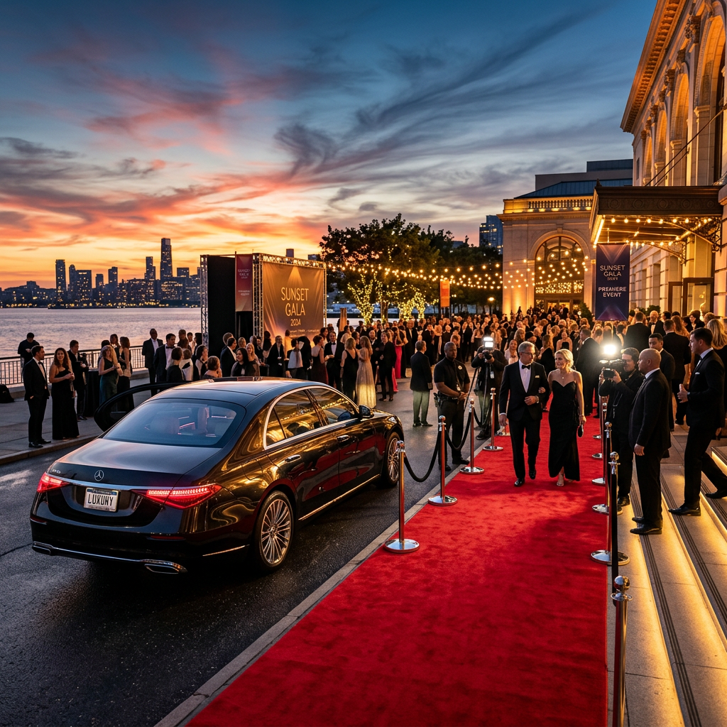 Luxury car on red carpet with formally dressed guests at sunset gala event by waterfront