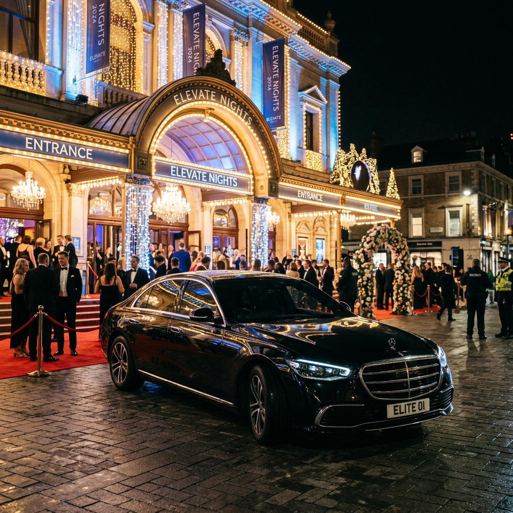 Black Mercedes parked outside a brightly lit venue entrance with guests arriving on red carpet