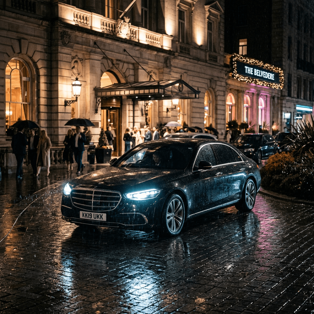 Black Mercedes-Benz sedan parked on wet cobblestone street outside The Belvedere hotel at night