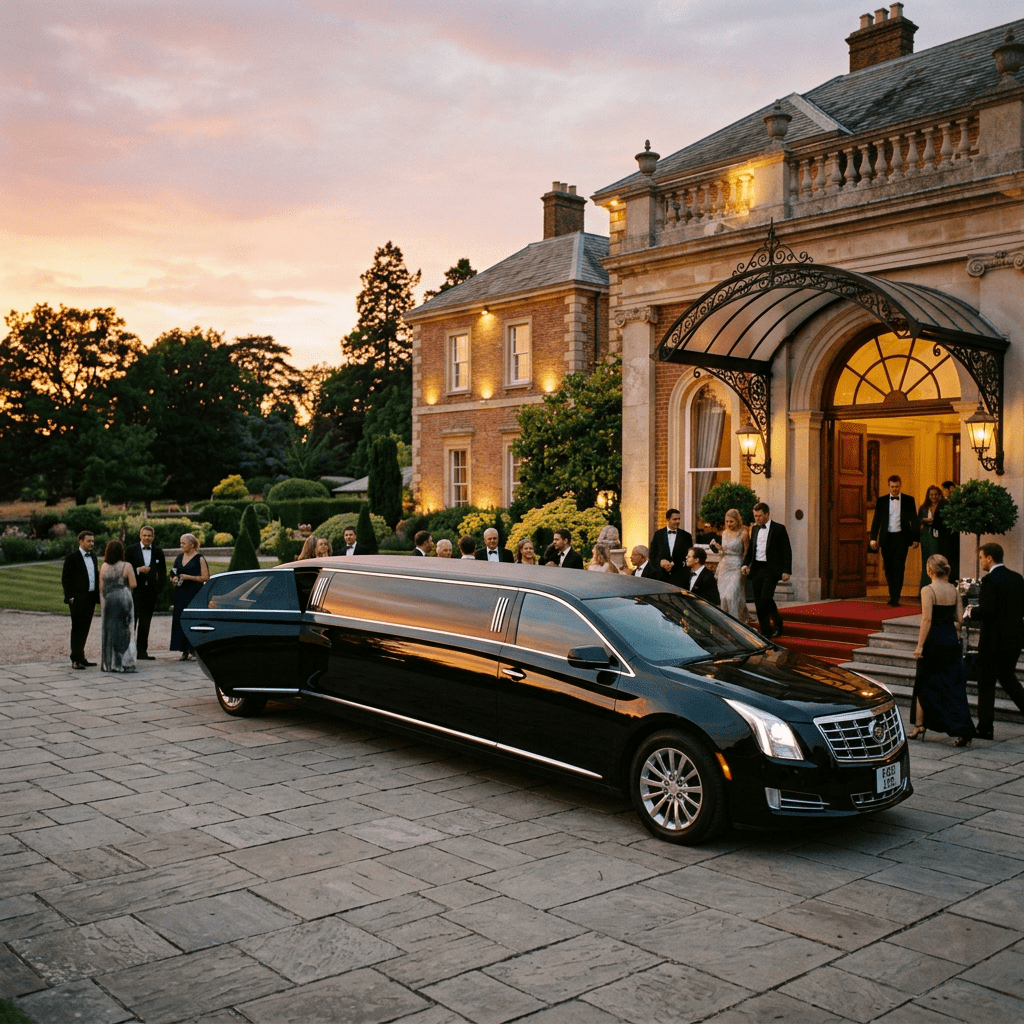 Black limousine parked outside a mansion with well-dressed guests socializing at sunset
