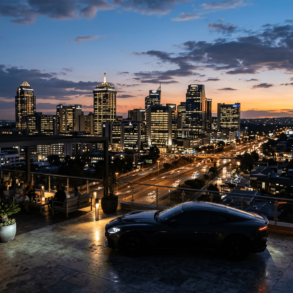 Sports car parked on rooftop with illuminated city skyline and traffic at dusk