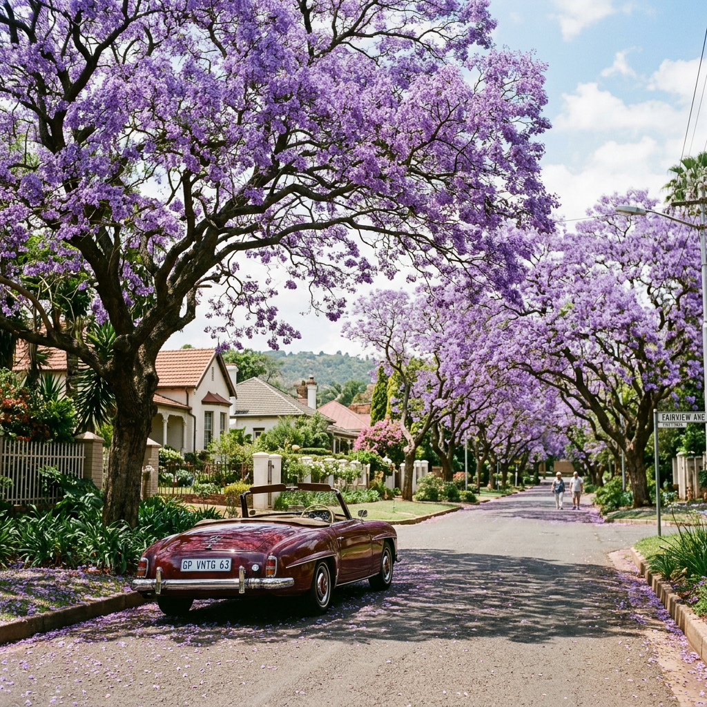 Vintage convertible car parked on street lined with blooming jacaranda trees