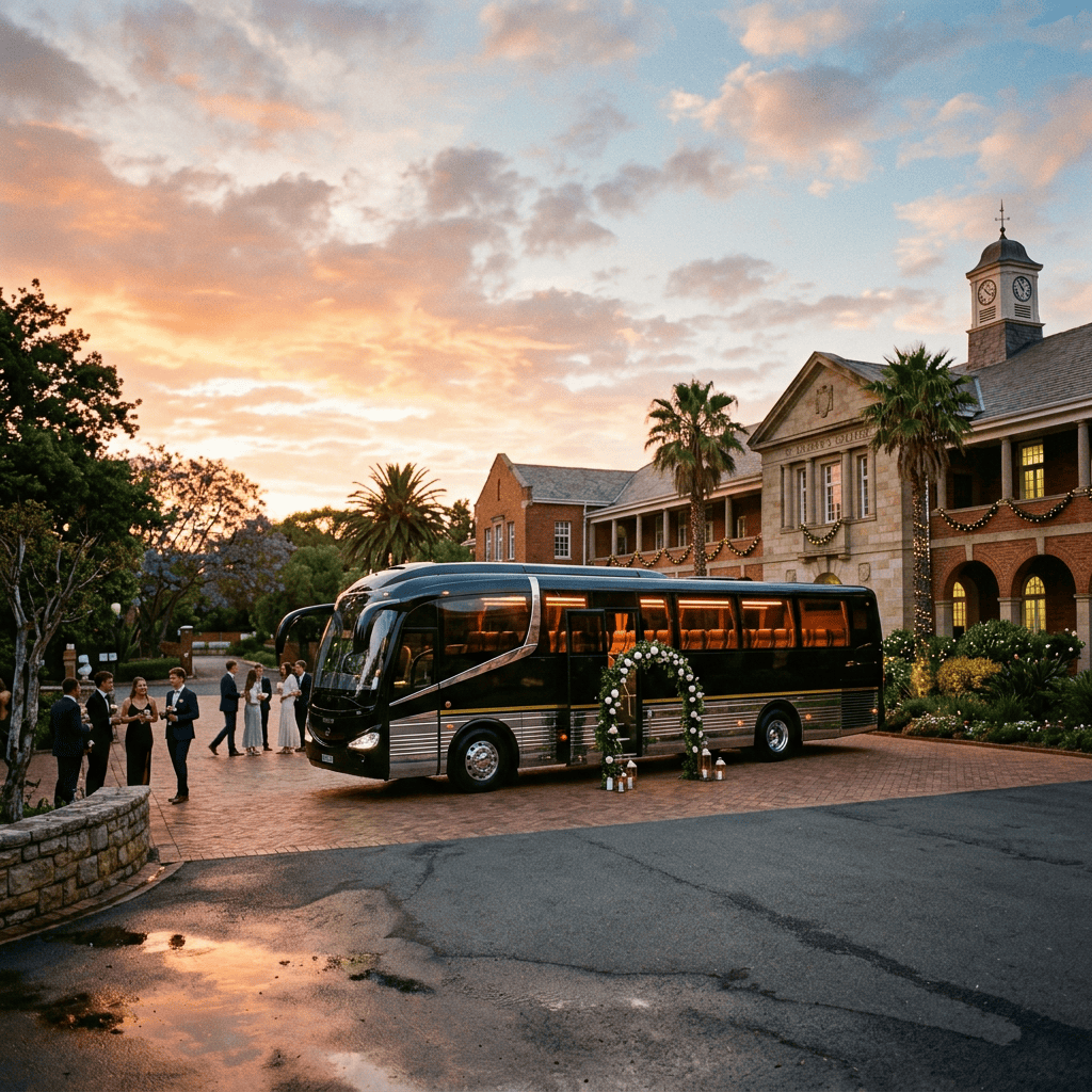 Decorated luxury coach outside a grand venue at sunset