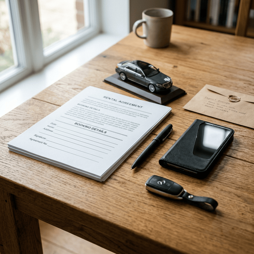 Rental agreement beside car keys, pen, phone, and miniature car model
