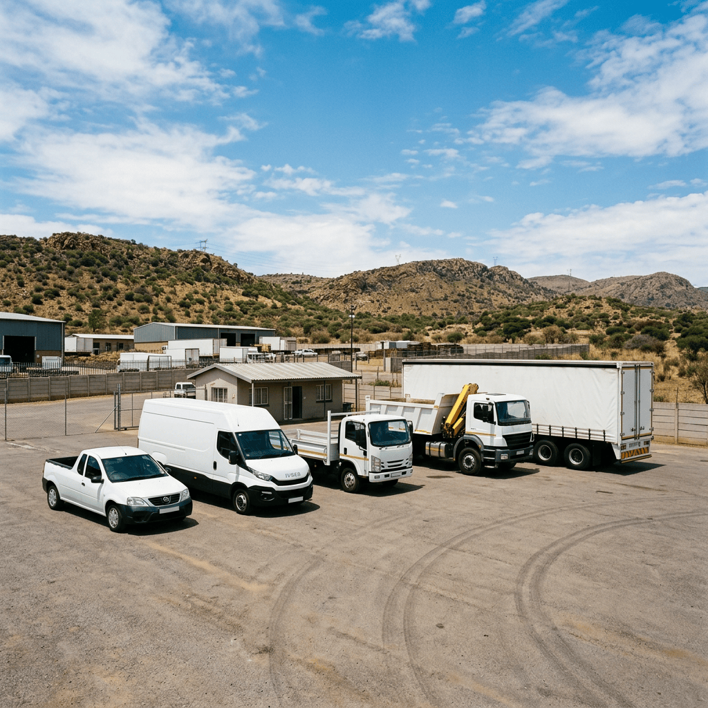 White commercial vehicles parked at an industrial depot beneath rugged hills
