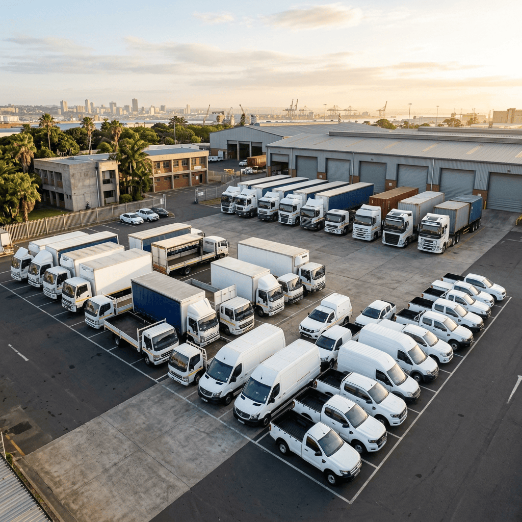 Commercial trucks and vans parked outside warehouses near a harbor