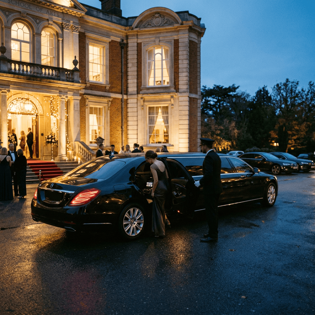 Guest exiting luxury car outside illuminated School of Arts