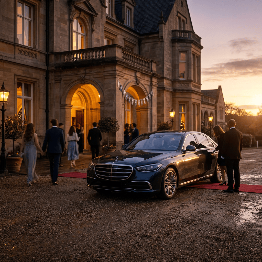 Guests arriving by luxury sedan at a grand estate wedding venue