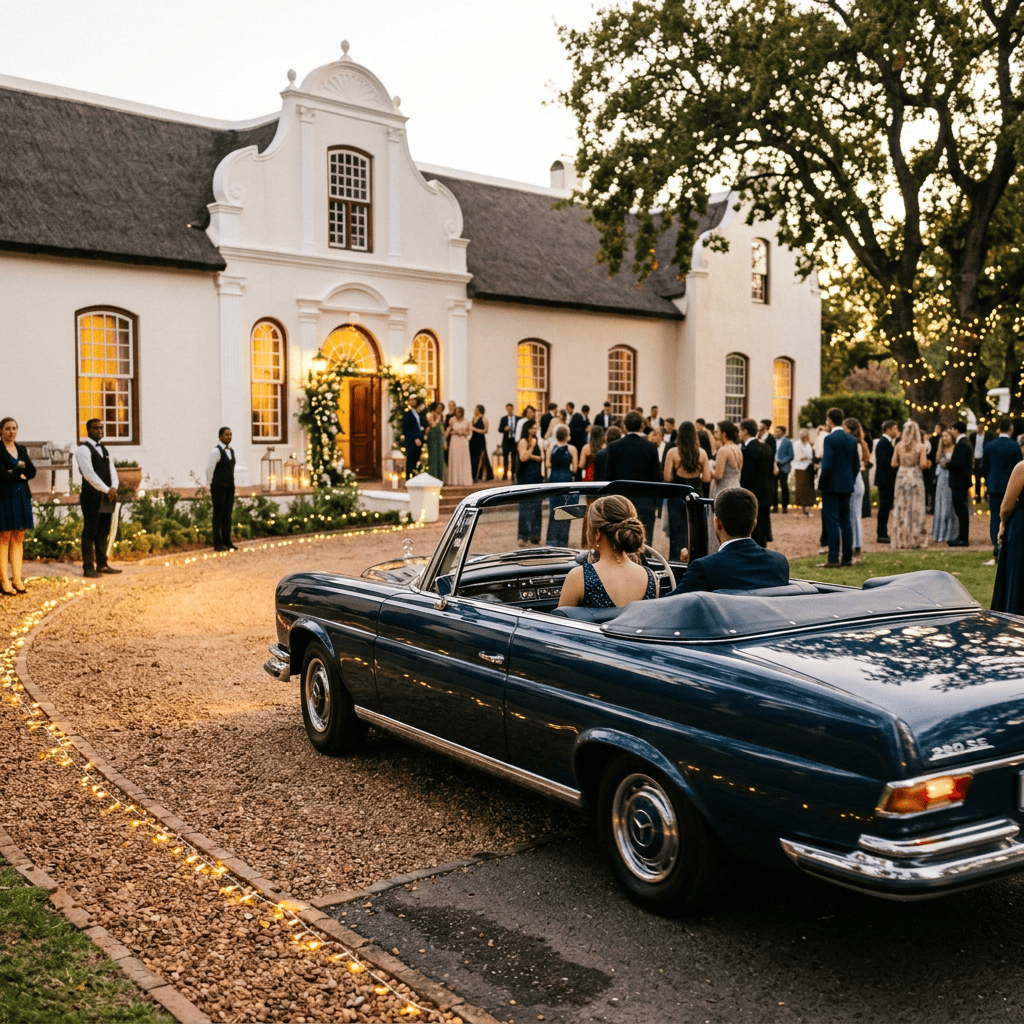 Classic convertible arriving at a wedding reception outside a historic estate