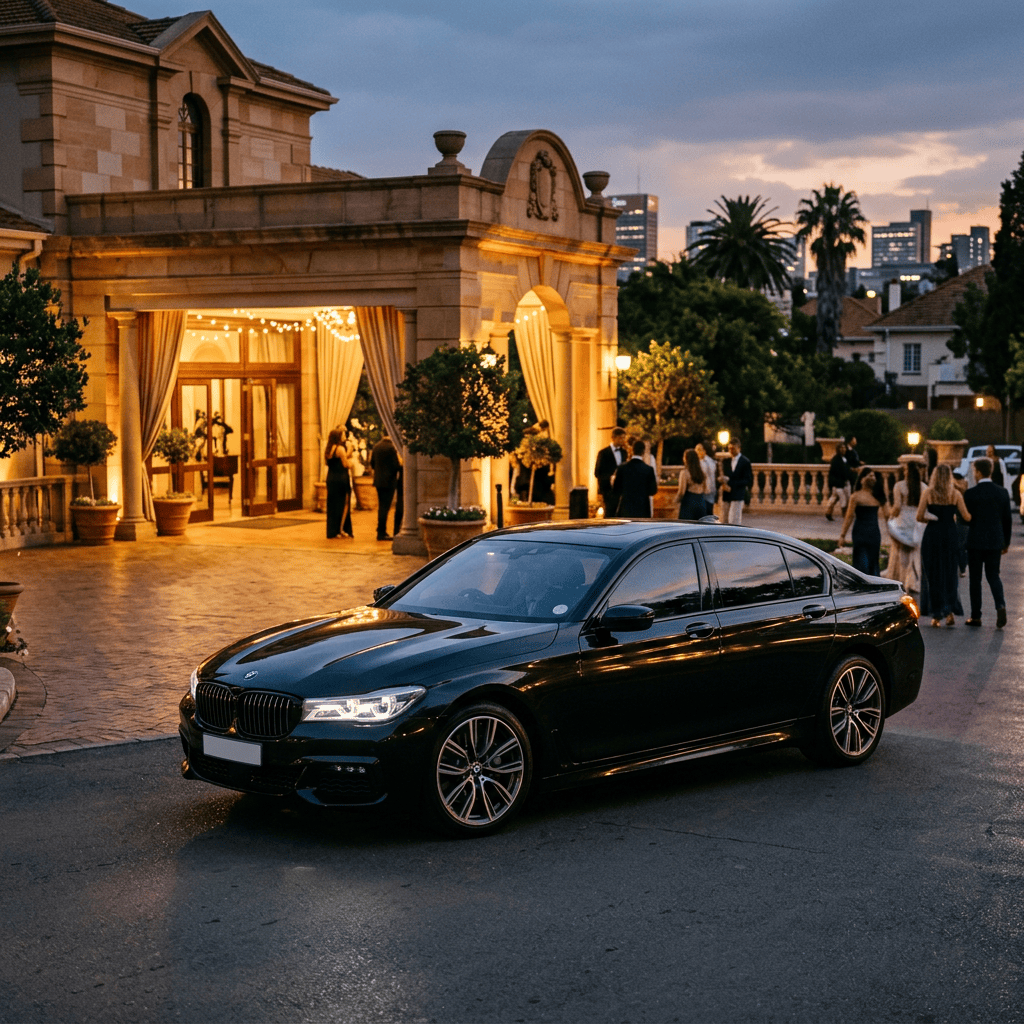 Black luxury sedan parked outside an elegant event venue at dusk