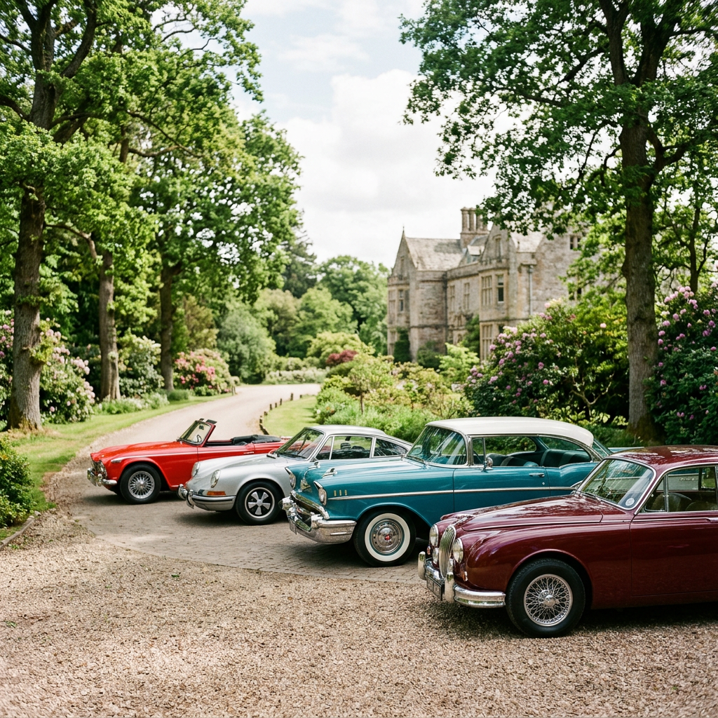 Four vintage cars parked outside a historic manor in lush gardens