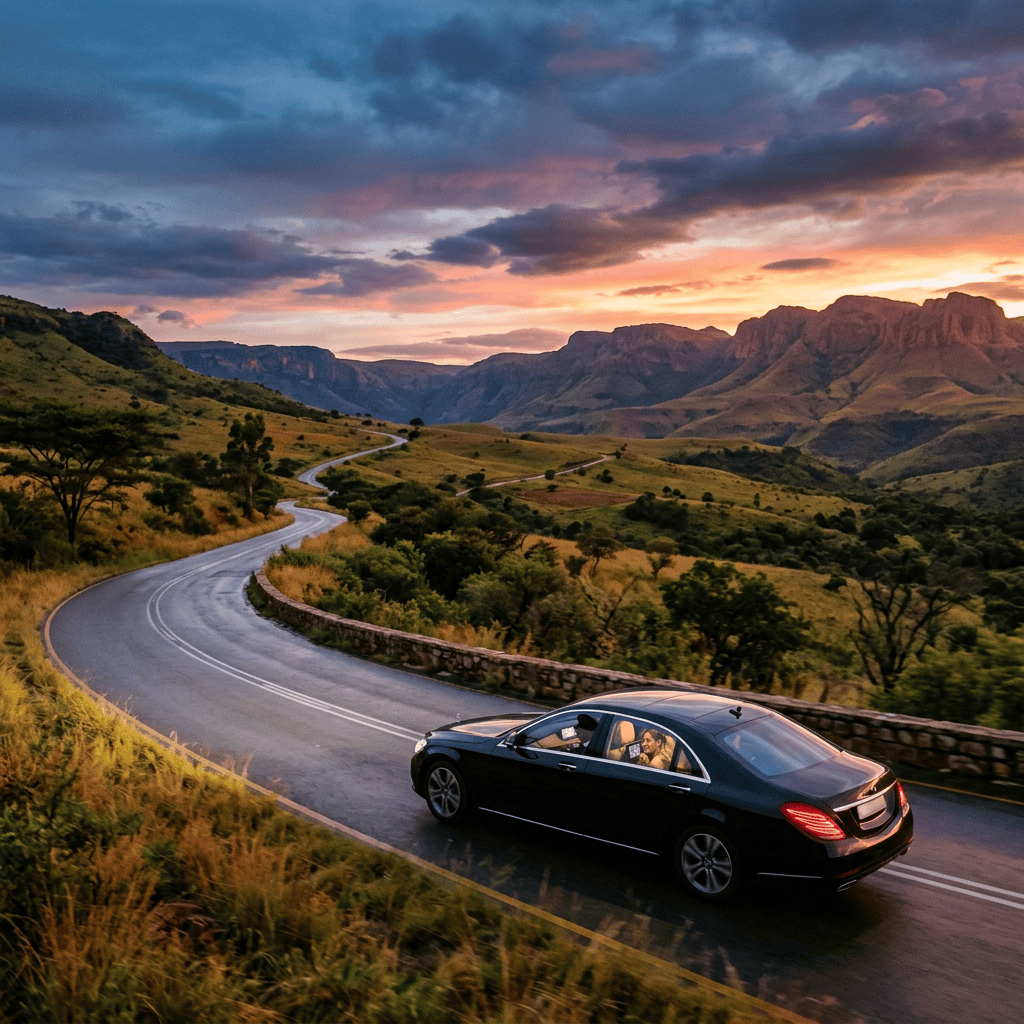 Black sedan driving along a winding mountain road at sunset