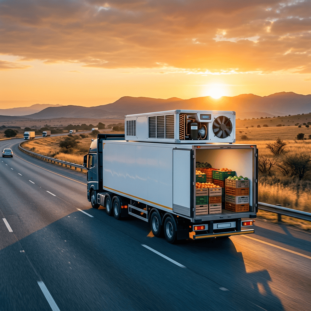 Refrigerated truck carrying crates of produce on a highway at sunset