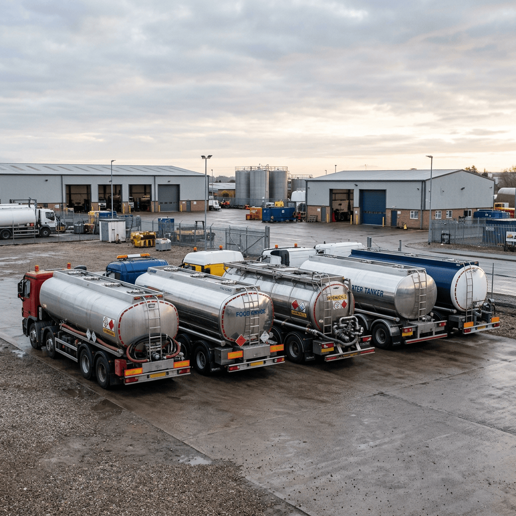 Several tanker trucks parked at an industrial facility