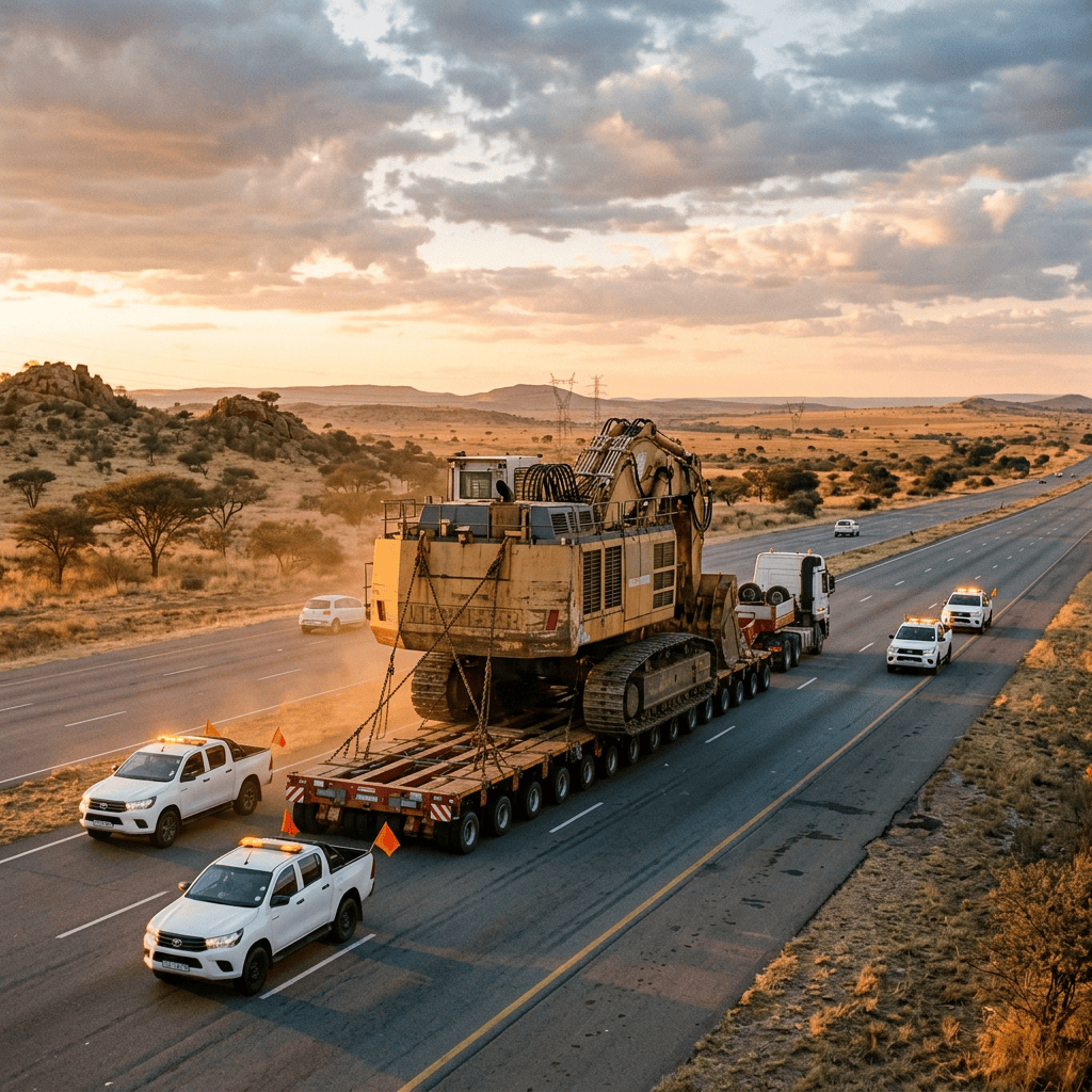 Tracked excavator transported on trailer along a desert highway with escort vehicles