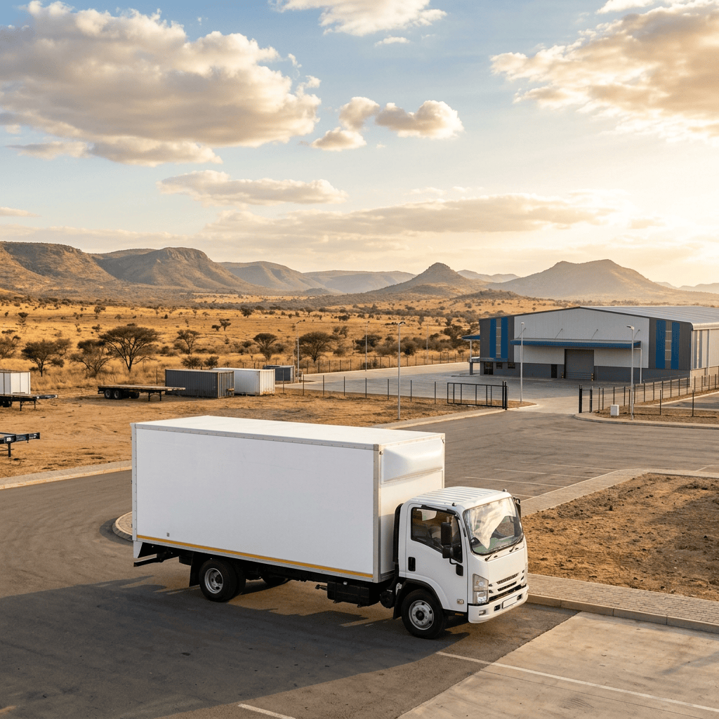 White box truck parked outside an industrial warehouse with mountains behind it