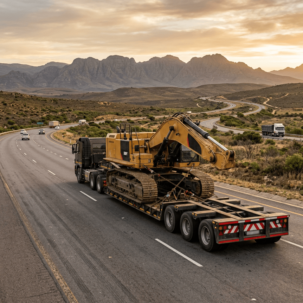 Tracked excavator secured on a trailer traveling along a mountain highway