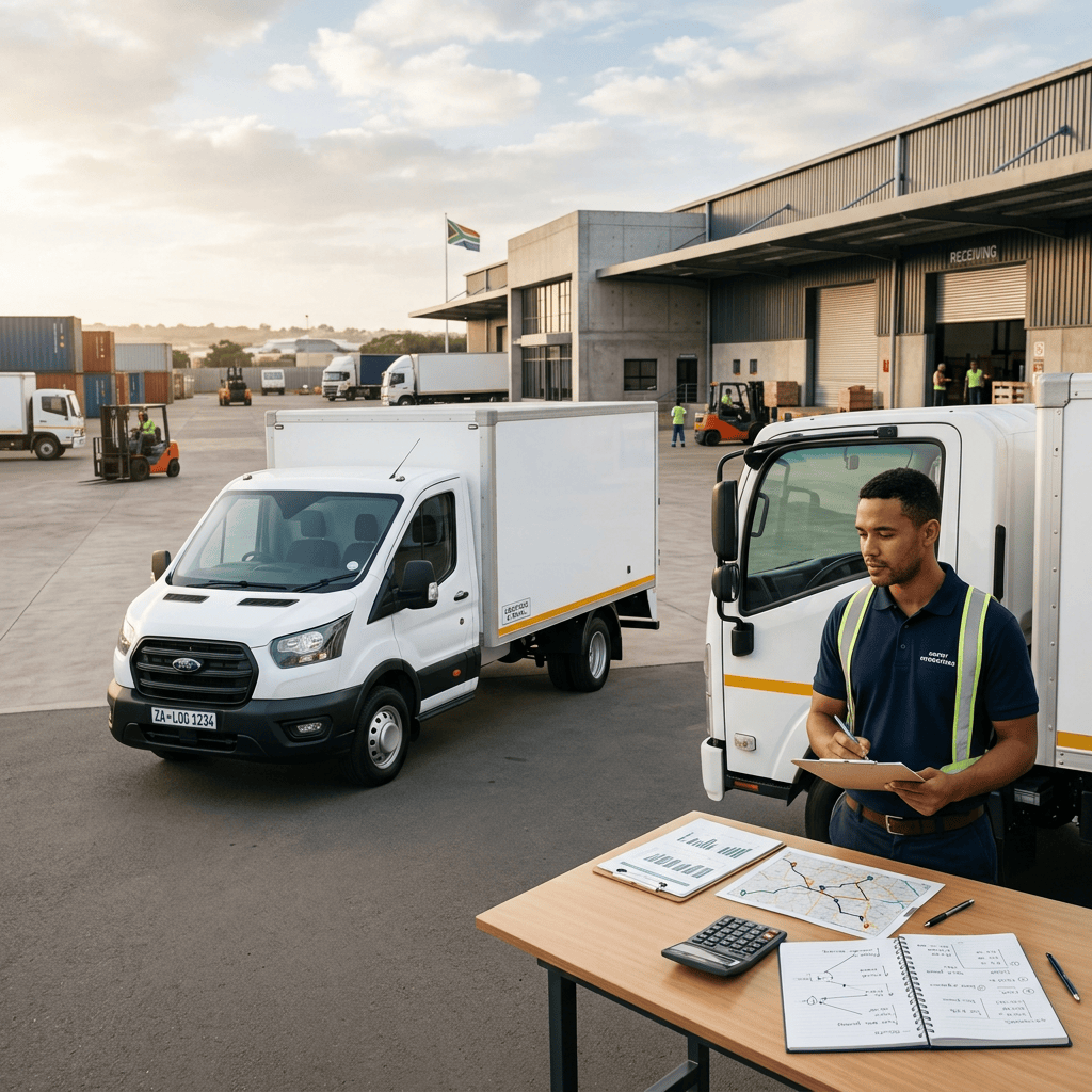 Logistics worker reviewing delivery plans beside trucks at warehouse
