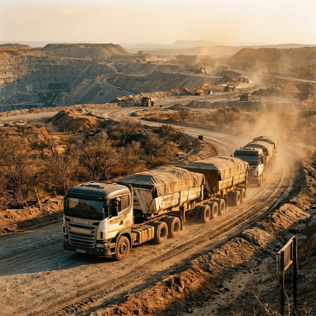 Covered bulk trucks transporting copper concentrate
