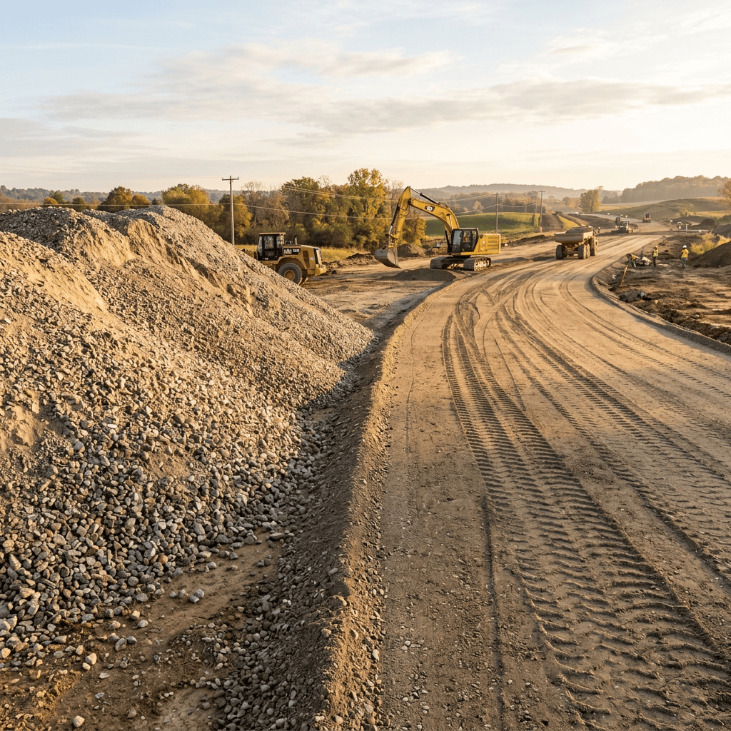Construction vehicles and workers building a rural highway beside gravel piles