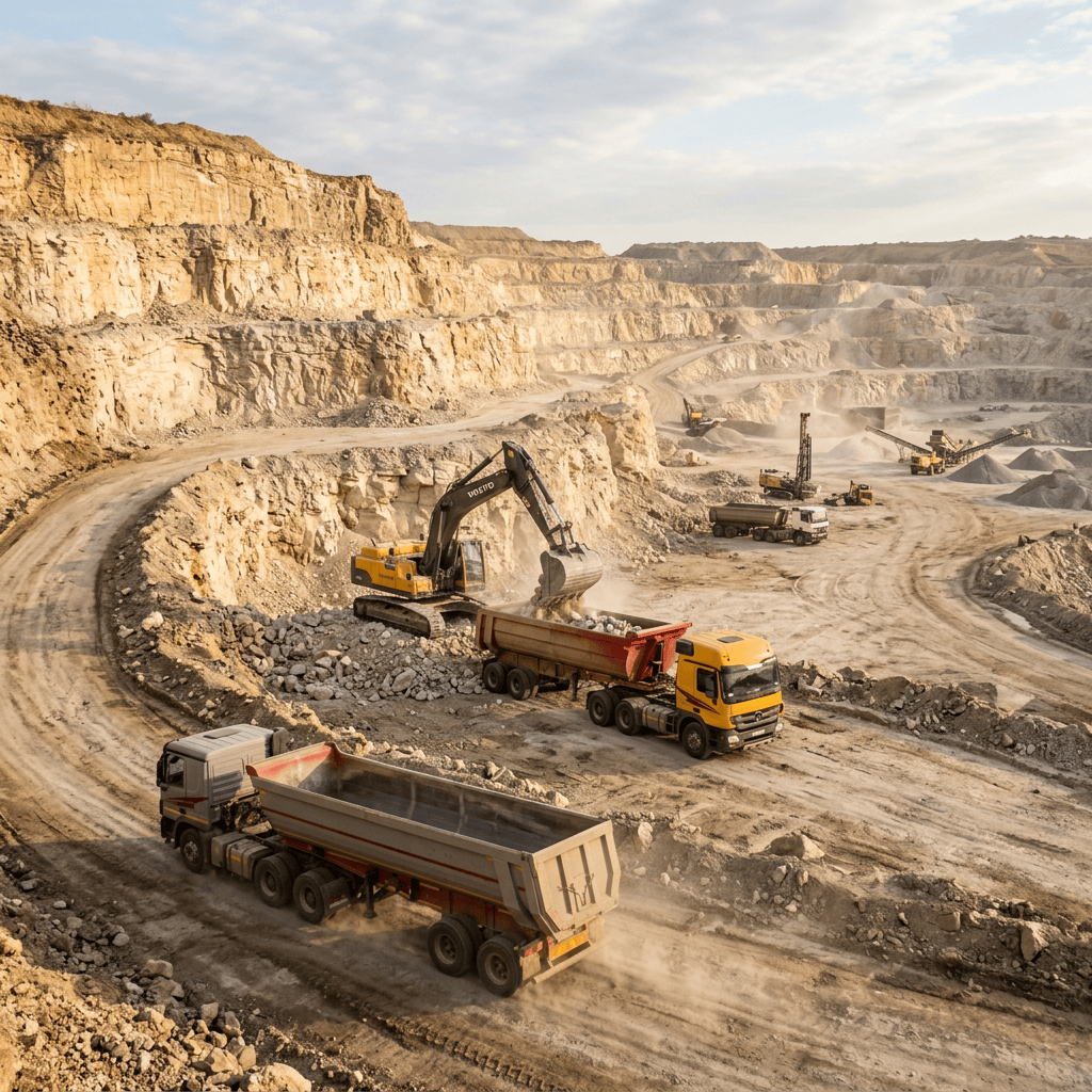 Excavators and dump trucks operating in a terraced rock quarry