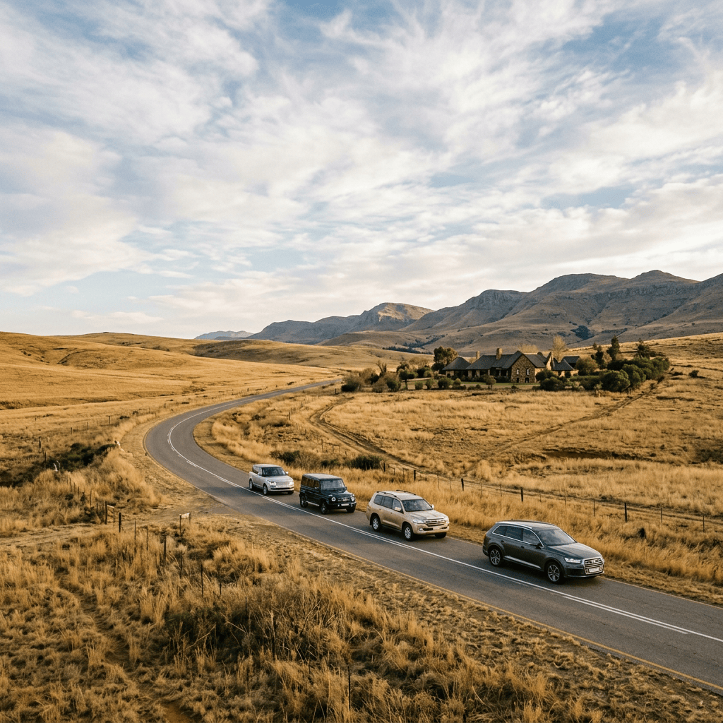Four cars driving along a winding road through golden mountain grasslands