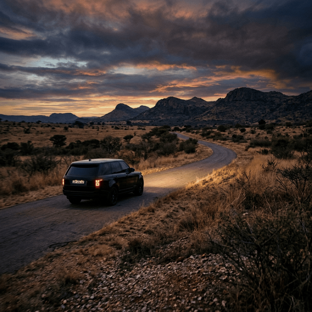 Dark SUV driving along a winding desert road beneath mountains at sunset