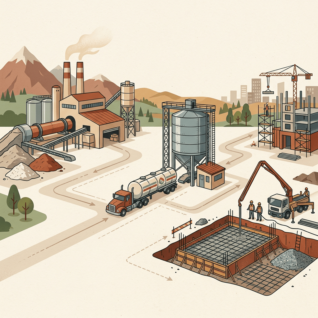 Illustration of an industrial facility, tanker truck, crane, and foundation construction site