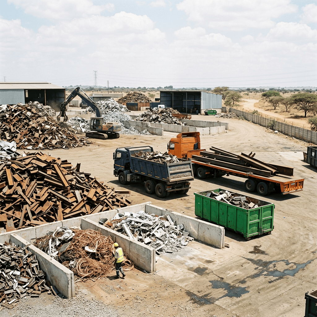 Scrap yard with trucks, excavator, metal piles, and worker