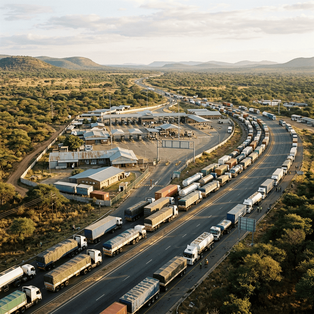 Long lines of freight trucks at a border crossing in a hilly landscape